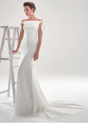 Off Shoulder Ivory Georgette Illusion Back Wedding Dress